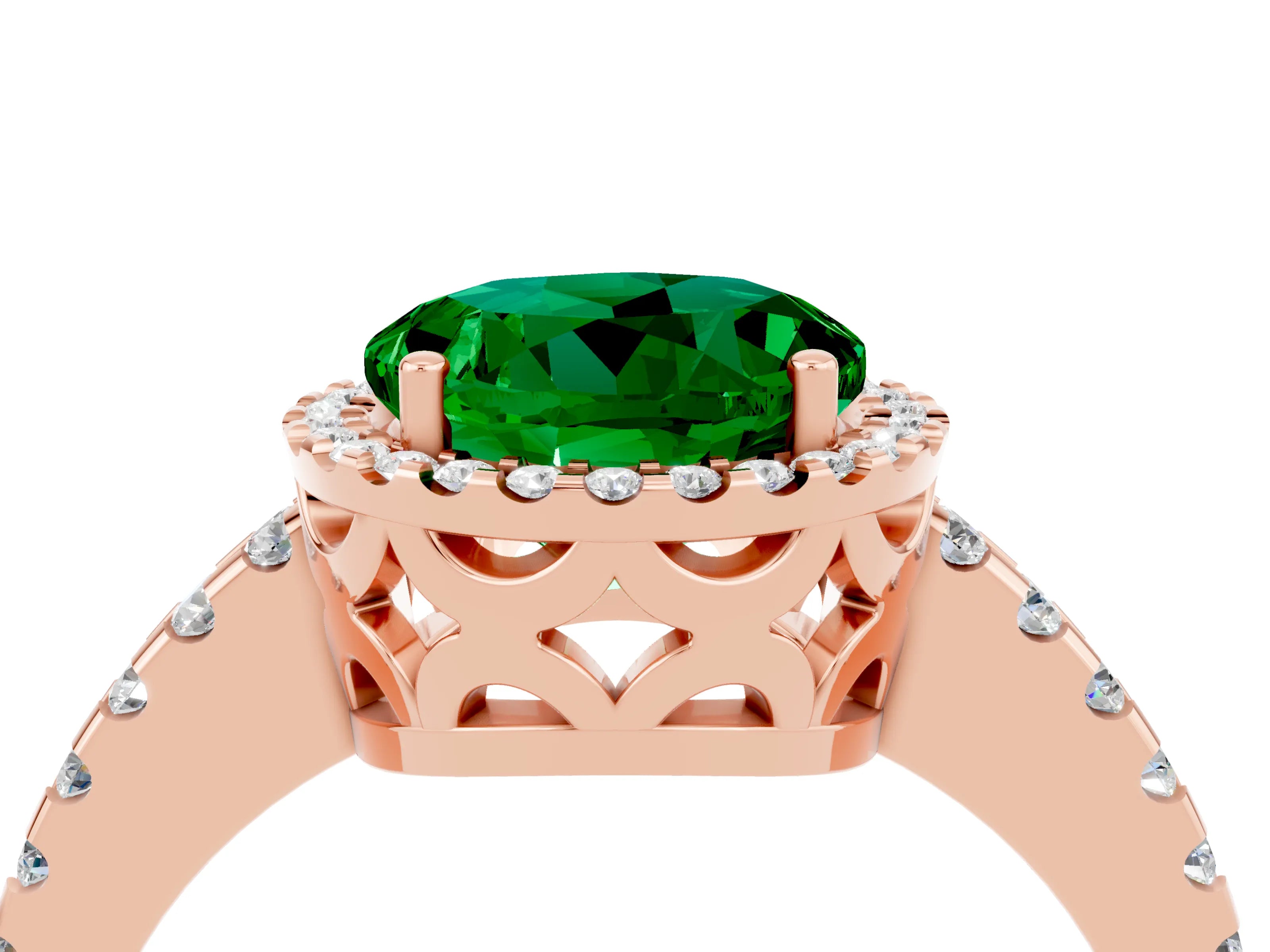 Rose gold Round Cut Emerald Halo Engagement Ring with Pavé Band and Prong Setting_16