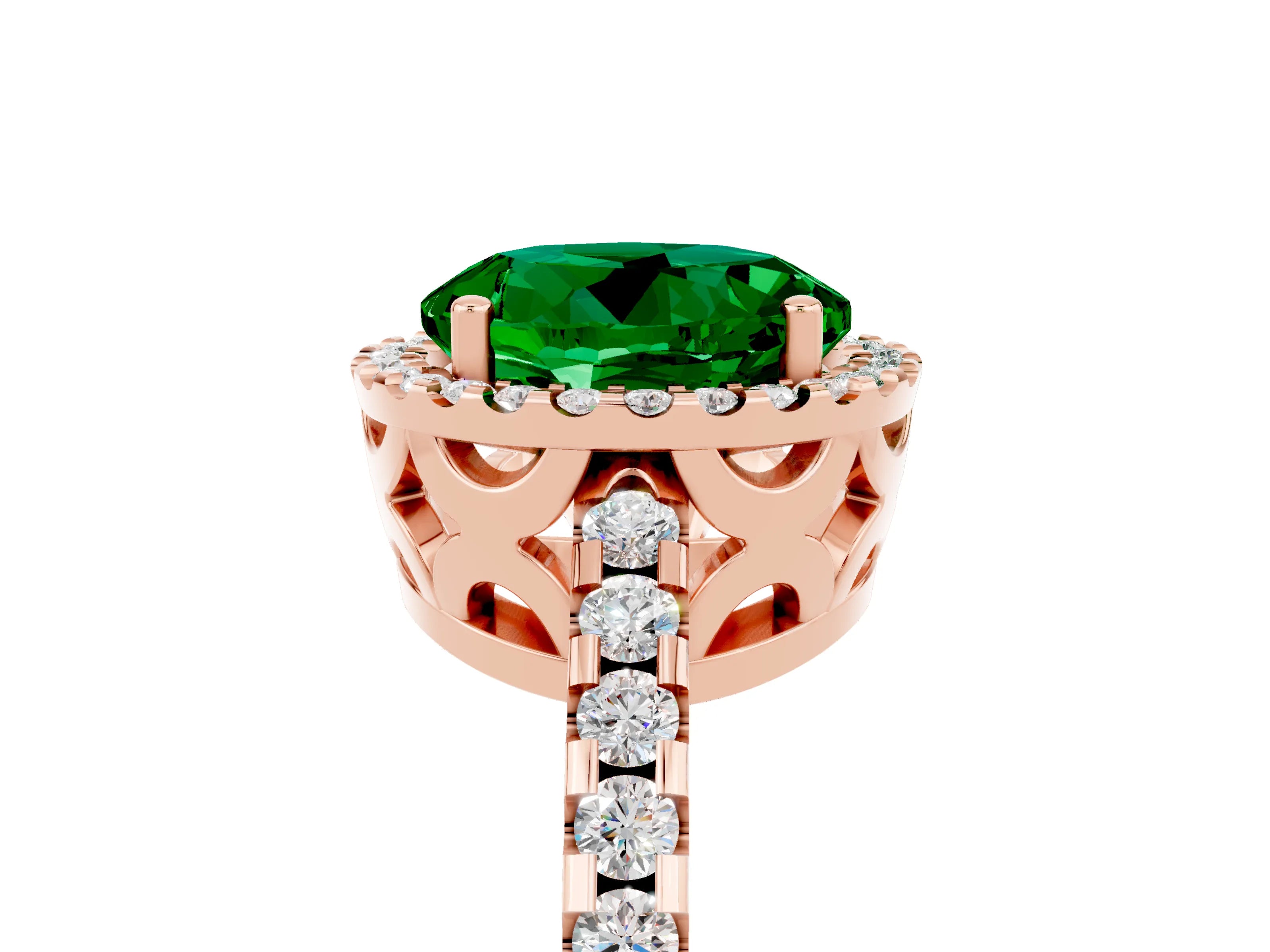 Rose gold Round Cut Emerald Halo Engagement Ring with Pavé Band and Prong Setting_17