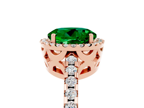 Rose gold Round Cut Emerald Halo Engagement Ring with Pavé Band and Prong Setting_17