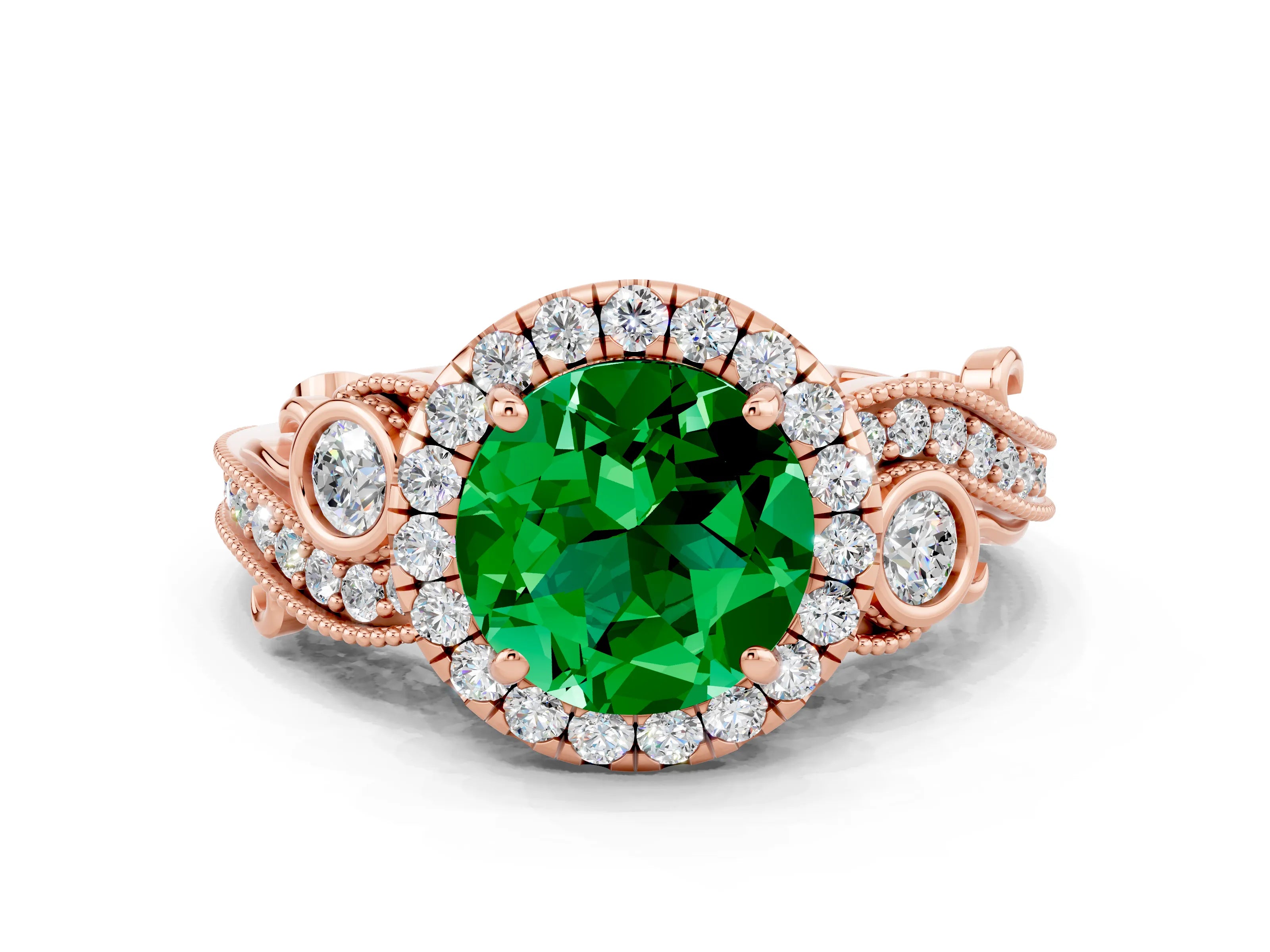 Rose gold Round Cut Emerald Halo Ring with Milgrain Pavé Band and Four-Prong Setting_12