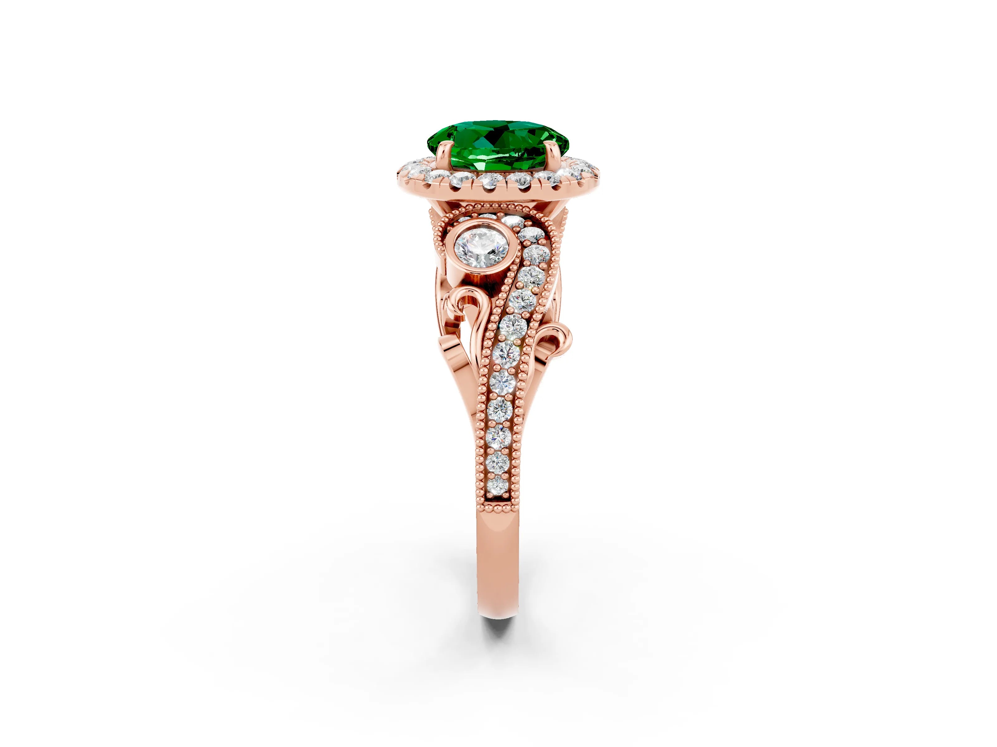 Rose gold Round Cut Emerald Halo Ring with Milgrain Pavé Band and Four-Prong Setting_14