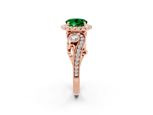Rose gold Round Cut Emerald Halo Ring with Milgrain Pavé Band and Four-Prong Setting