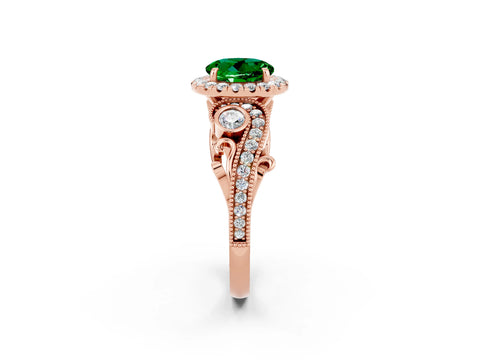 Rose gold Round Cut Emerald Halo Ring with Milgrain Pavé Band and Four-Prong Setting_14