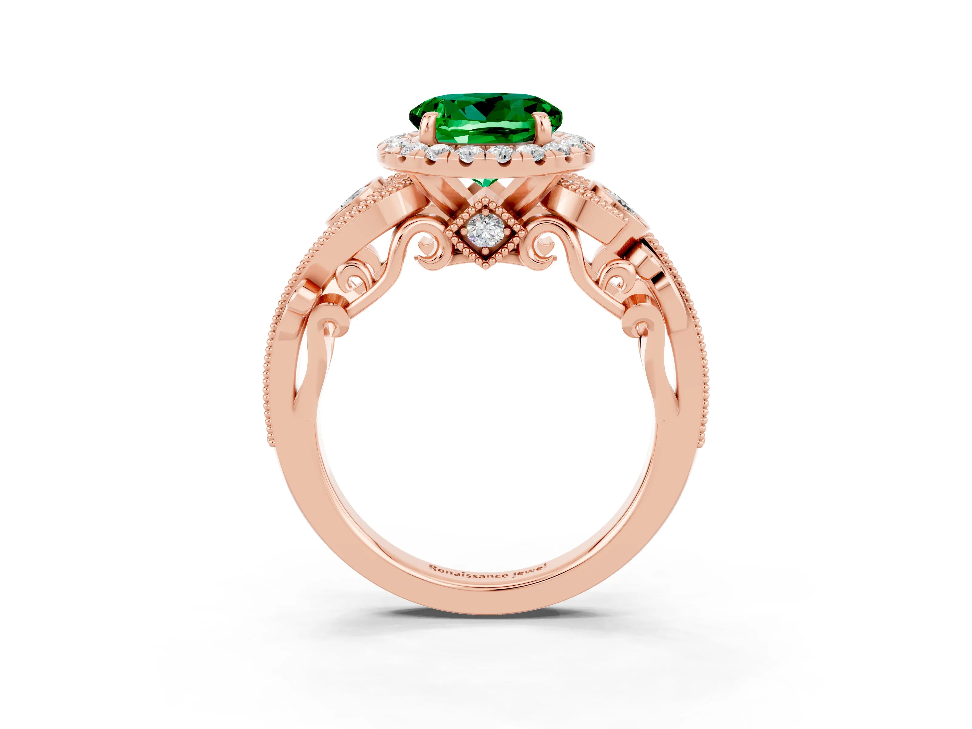 Rose gold Round Cut Emerald Halo Ring with Milgrain Pavé Band and Four-Prong Setting_15