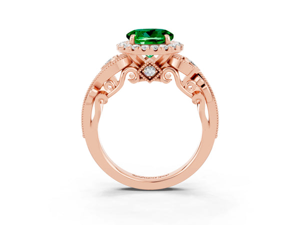 Rose gold Round Cut Emerald Halo Ring with Milgrain Pavé Band and Four-Prong Setting