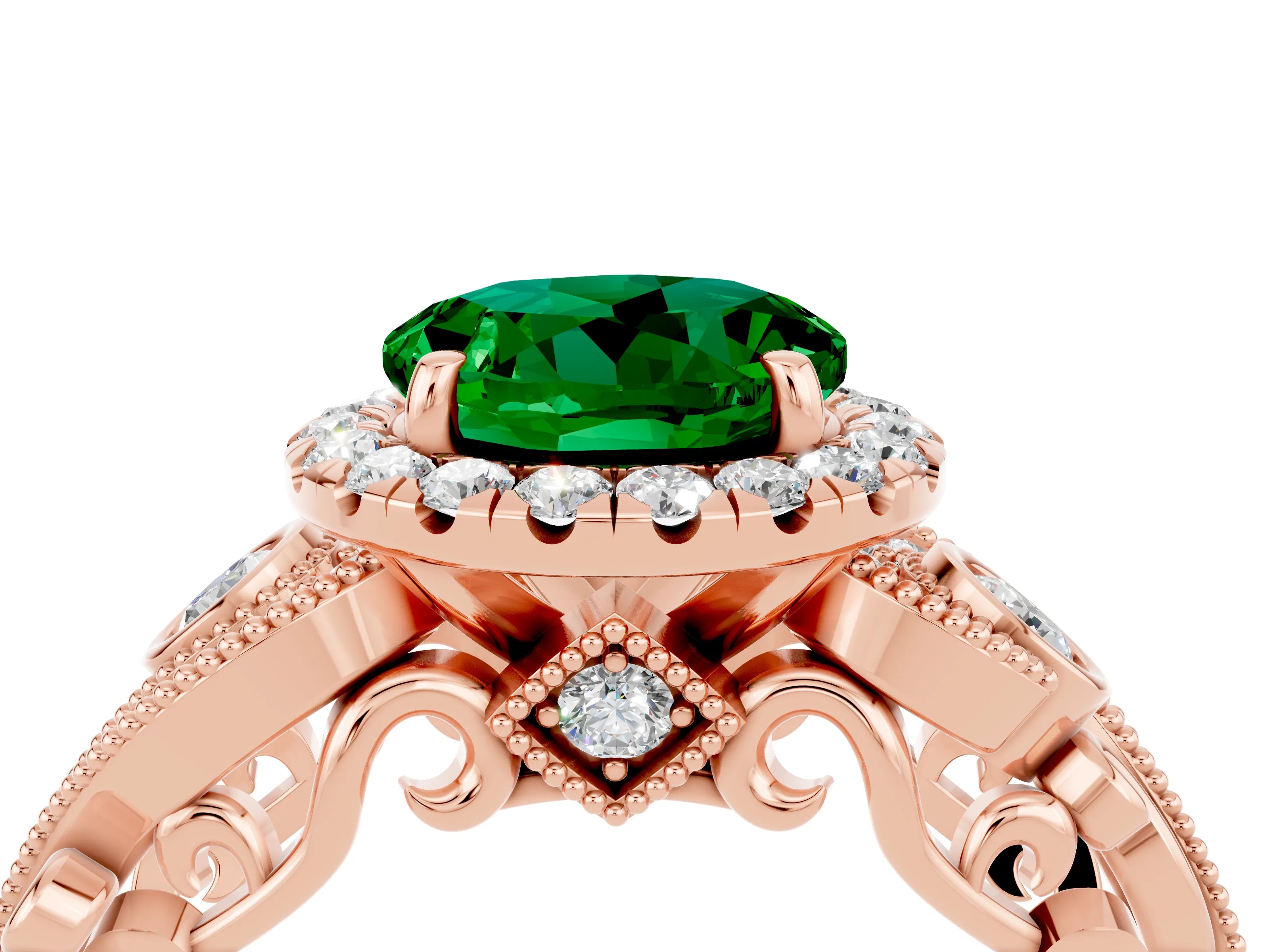 Rose gold Round Cut Emerald Halo Ring with Milgrain Pavé Band and Four-Prong Setting_16