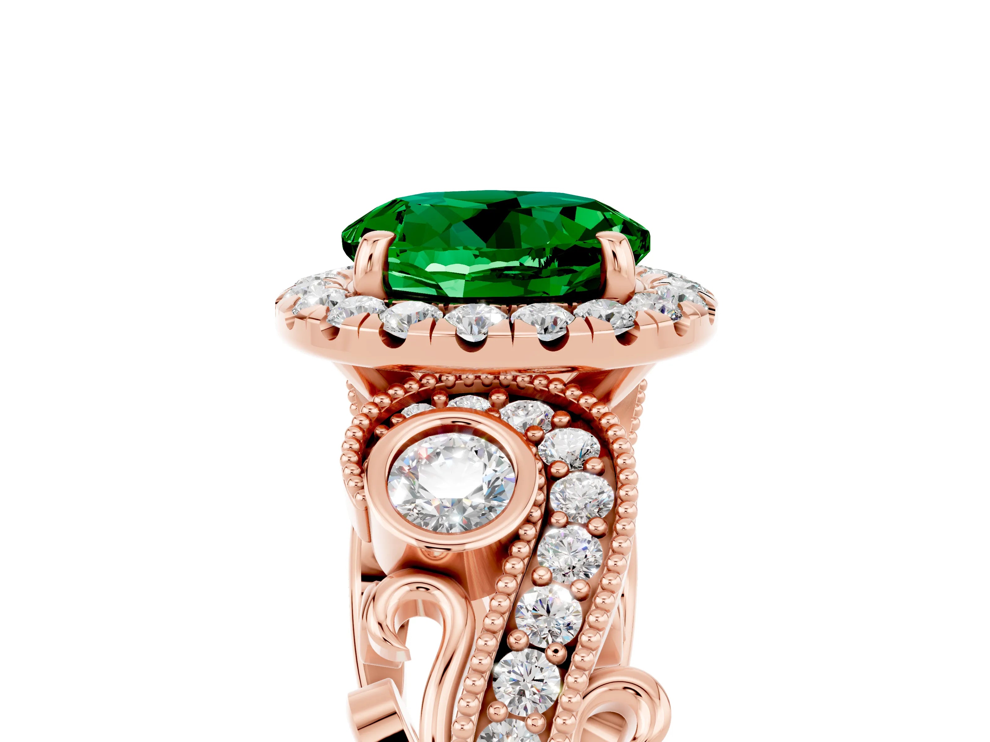 Rose gold Round Cut Emerald Halo Ring with Milgrain Pavé Band and Four-Prong Setting_17