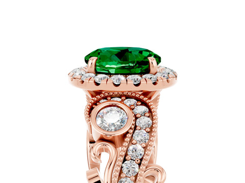 Rose gold Round Cut Emerald Halo Ring with Milgrain Pavé Band and Four-Prong Setting_17