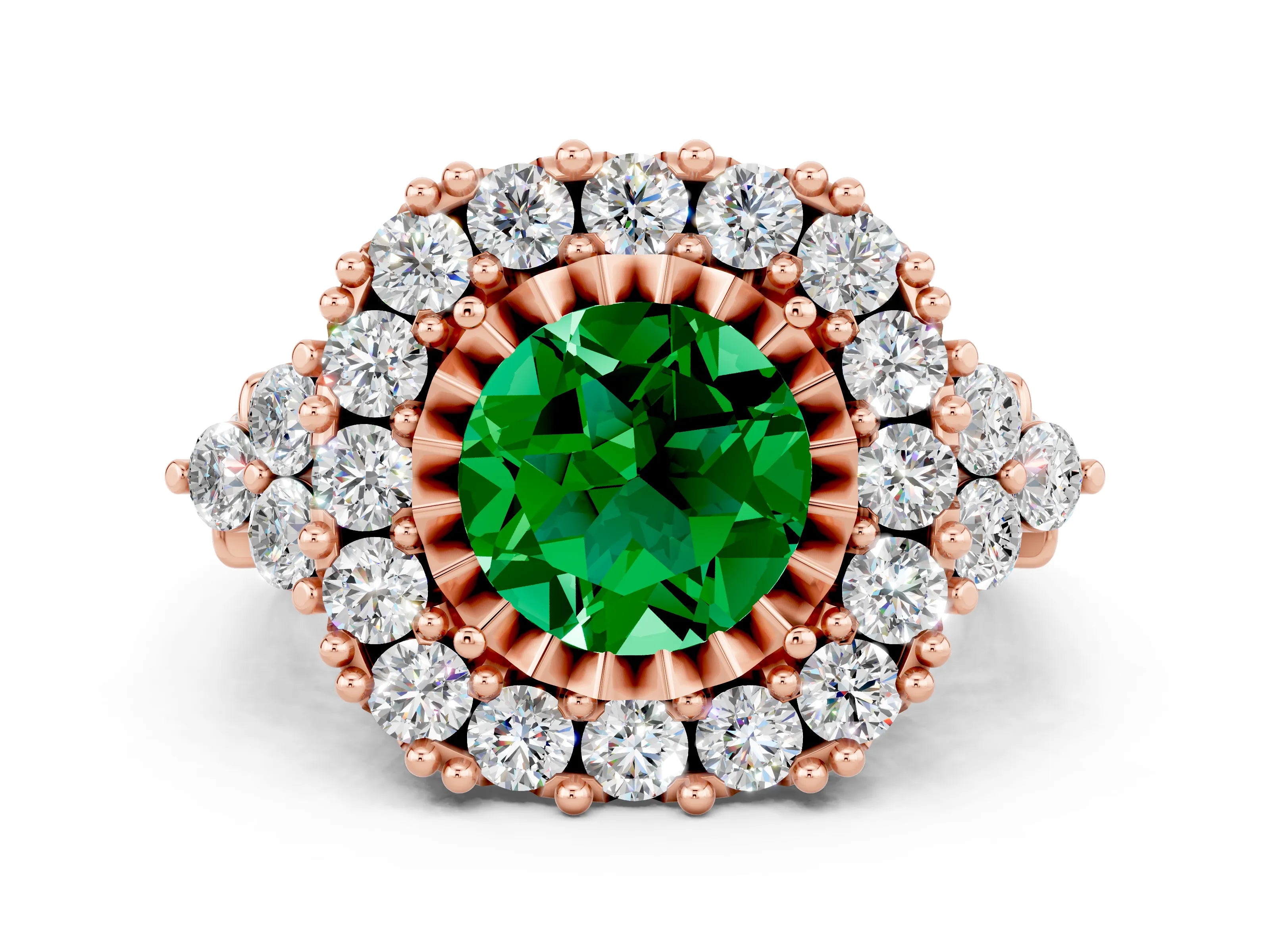 Rose gold Round Cut Emerald Halo Ring with Pavé Band and Four-Prong Setting_12