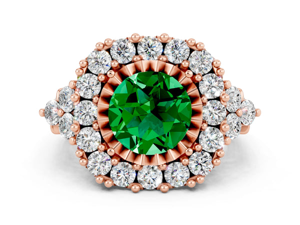 Rose gold Round Cut Emerald Halo Ring with Pavé Band and Four-Prong Setting