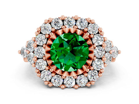 Rose gold Round Cut Emerald Halo Ring with Pavé Band and Four-Prong Setting_12
