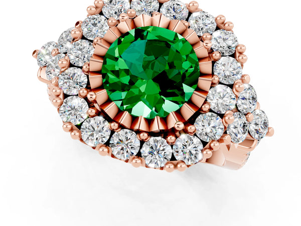 Rose gold Round Cut Emerald Halo Ring with Pavé Band and Four-Prong Setting