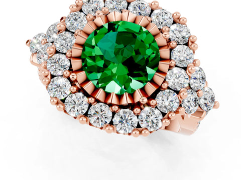 Rose gold Round Cut Emerald Halo Ring with Pavé Band and Four-Prong Setting_13