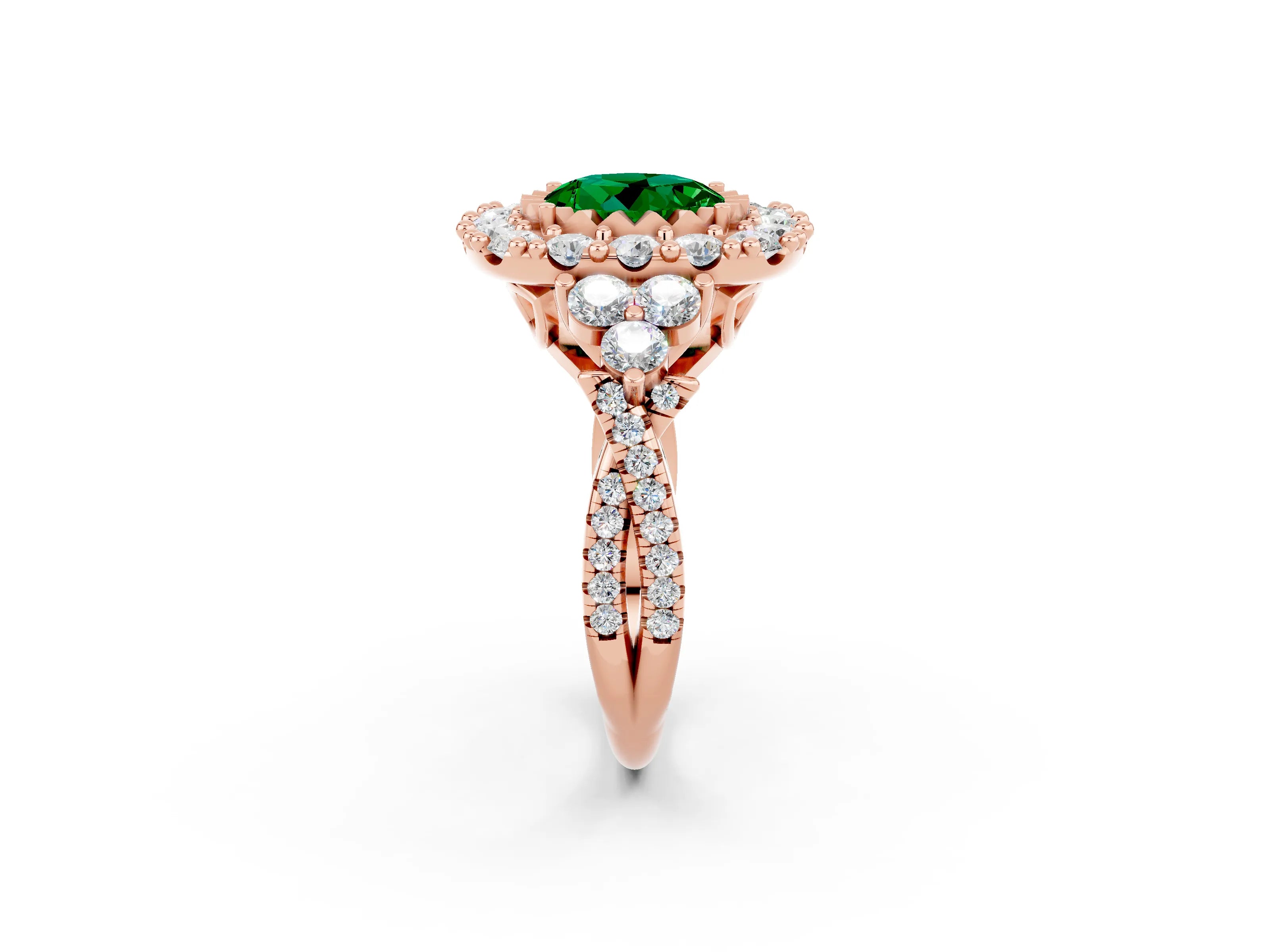 Rose gold Round Cut Emerald Halo Ring with Pavé Band and Four-Prong Setting_14