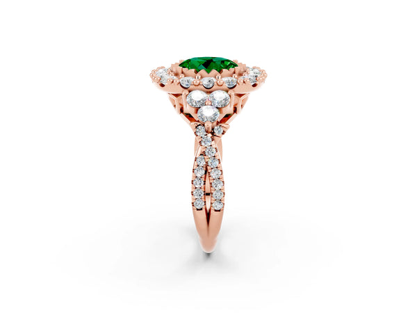 Rose gold Round Cut Emerald Halo Ring with Pavé Band and Four-Prong Setting