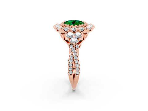 Rose gold Round Cut Emerald Halo Ring with Pavé Band and Four-Prong Setting_14