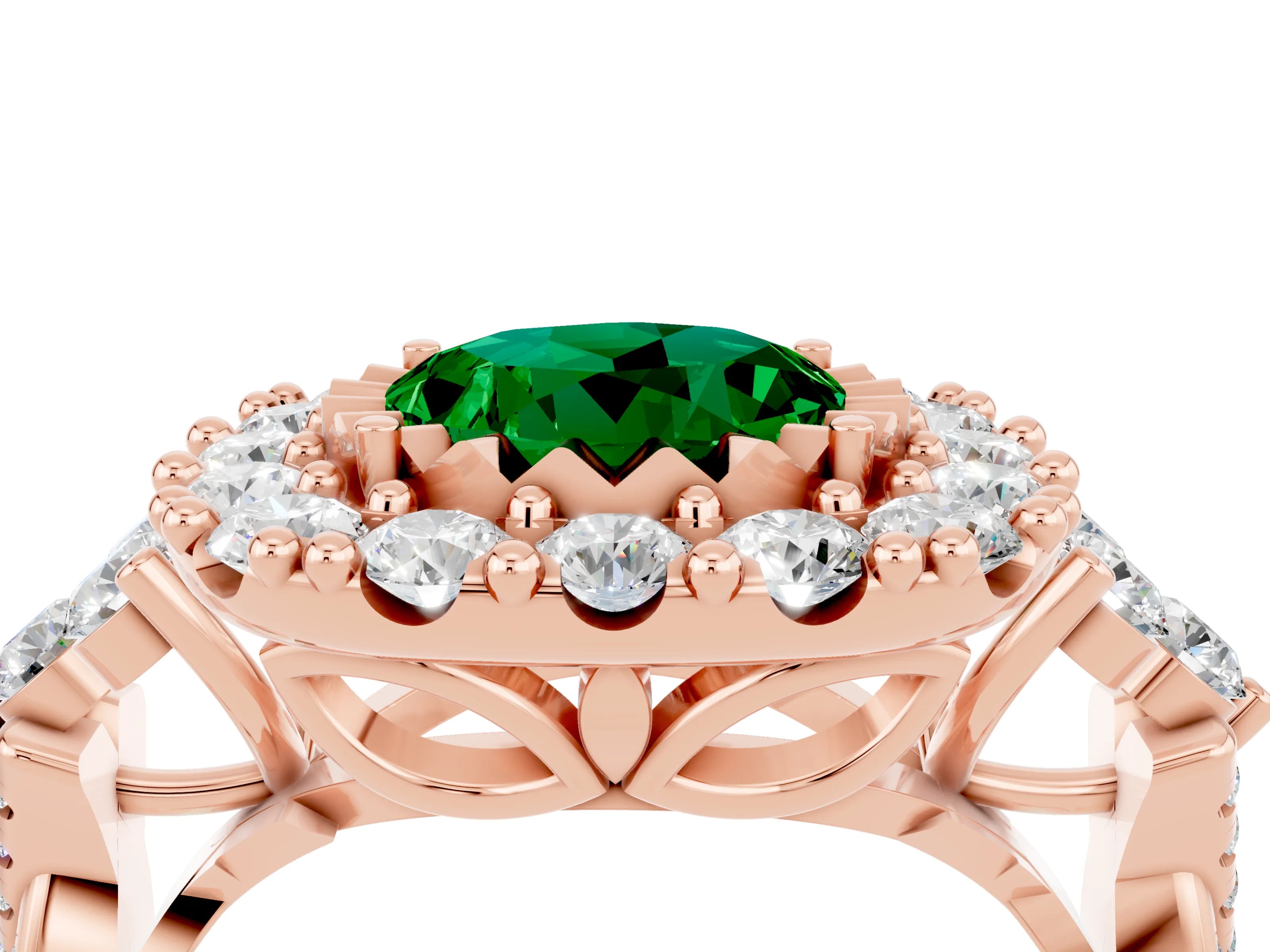 Rose gold Round Cut Emerald Halo Ring with Pavé Band and Four-Prong Setting_16
