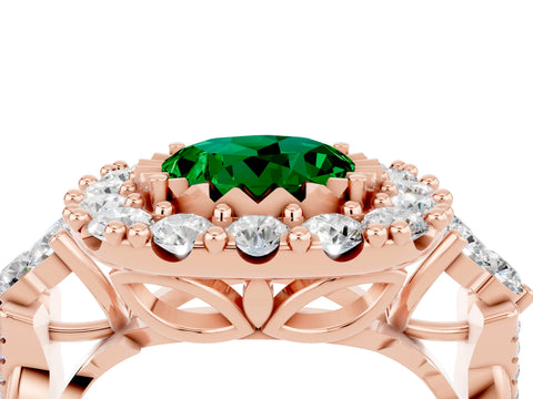Rose gold Round Cut Emerald Halo Ring with Pavé Band and Four-Prong Setting_16