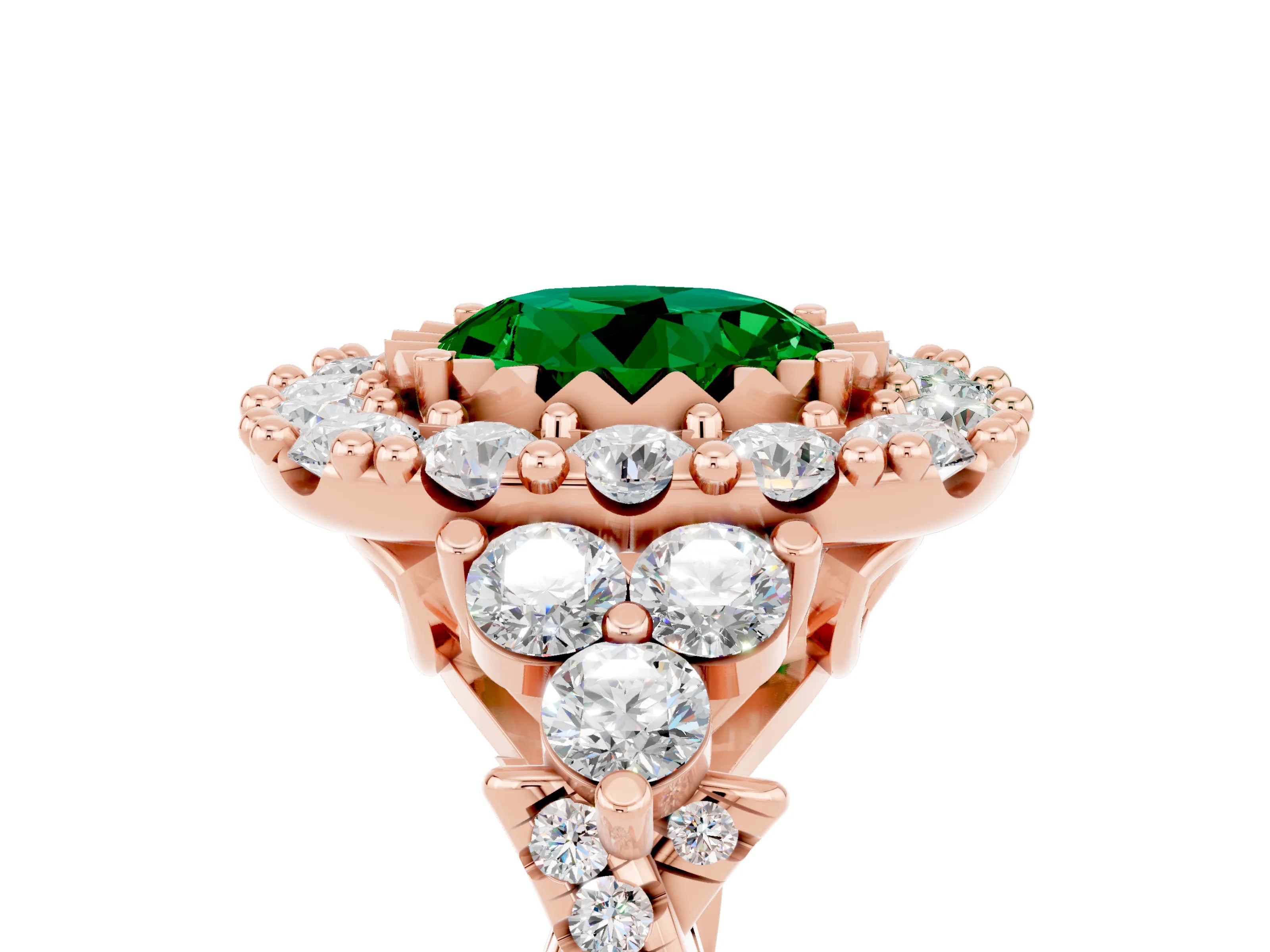 Rose gold Round Cut Emerald Halo Ring with Pavé Band and Four-Prong Setting_17