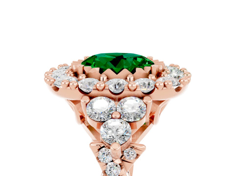 Rose gold Round Cut Emerald Halo Ring with Pavé Band and Four-Prong Setting_17