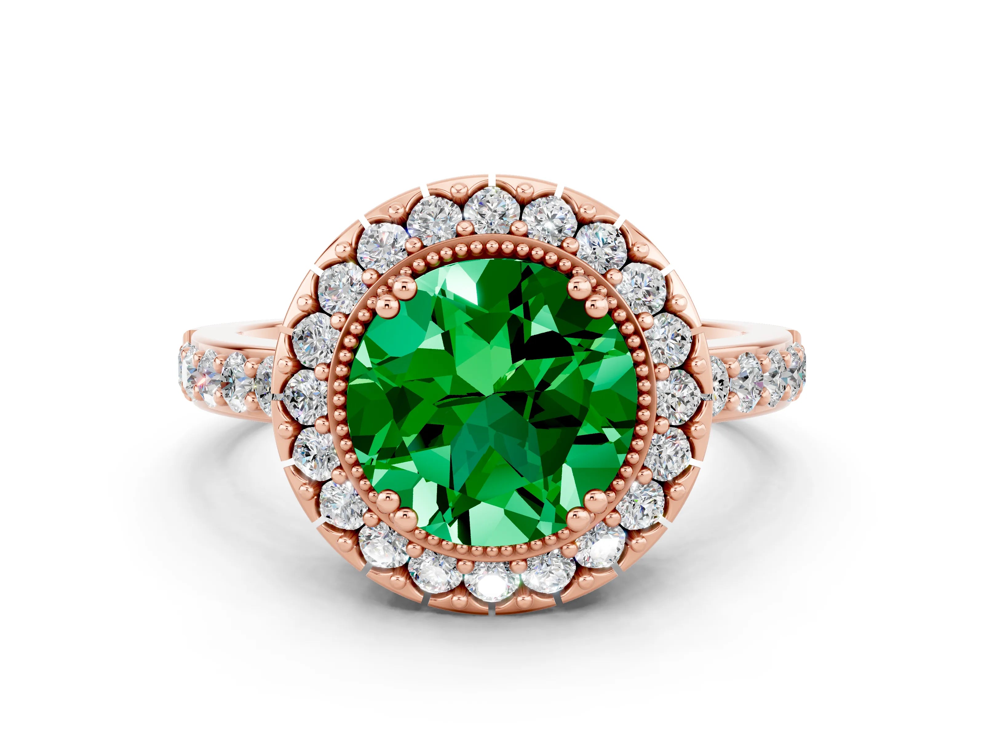 Rose gold Round Cut Emerald Halo Ring with Pavé Band and Prong Setting