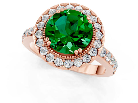 Rose gold Round Cut Emerald Halo Ring with Pavé Band and Prong Setting_1