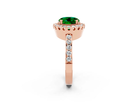 Rose gold Round Cut Emerald Halo Ring with Pavé Band and Prong Setting_2