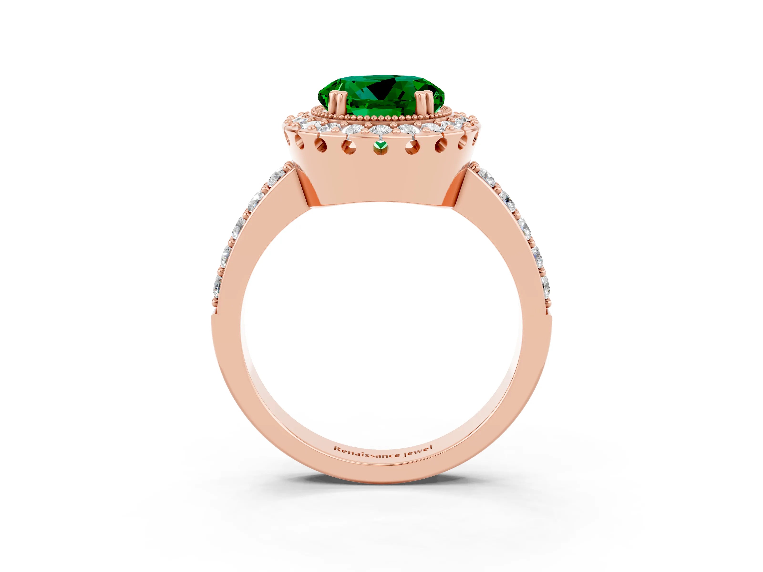 Rose gold Round Cut Emerald Halo Ring with Pavé Band and Prong Setting_3