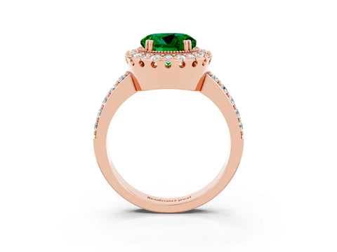 Rose gold Round Cut Emerald Halo Ring with Pavé Band and Prong Setting_3