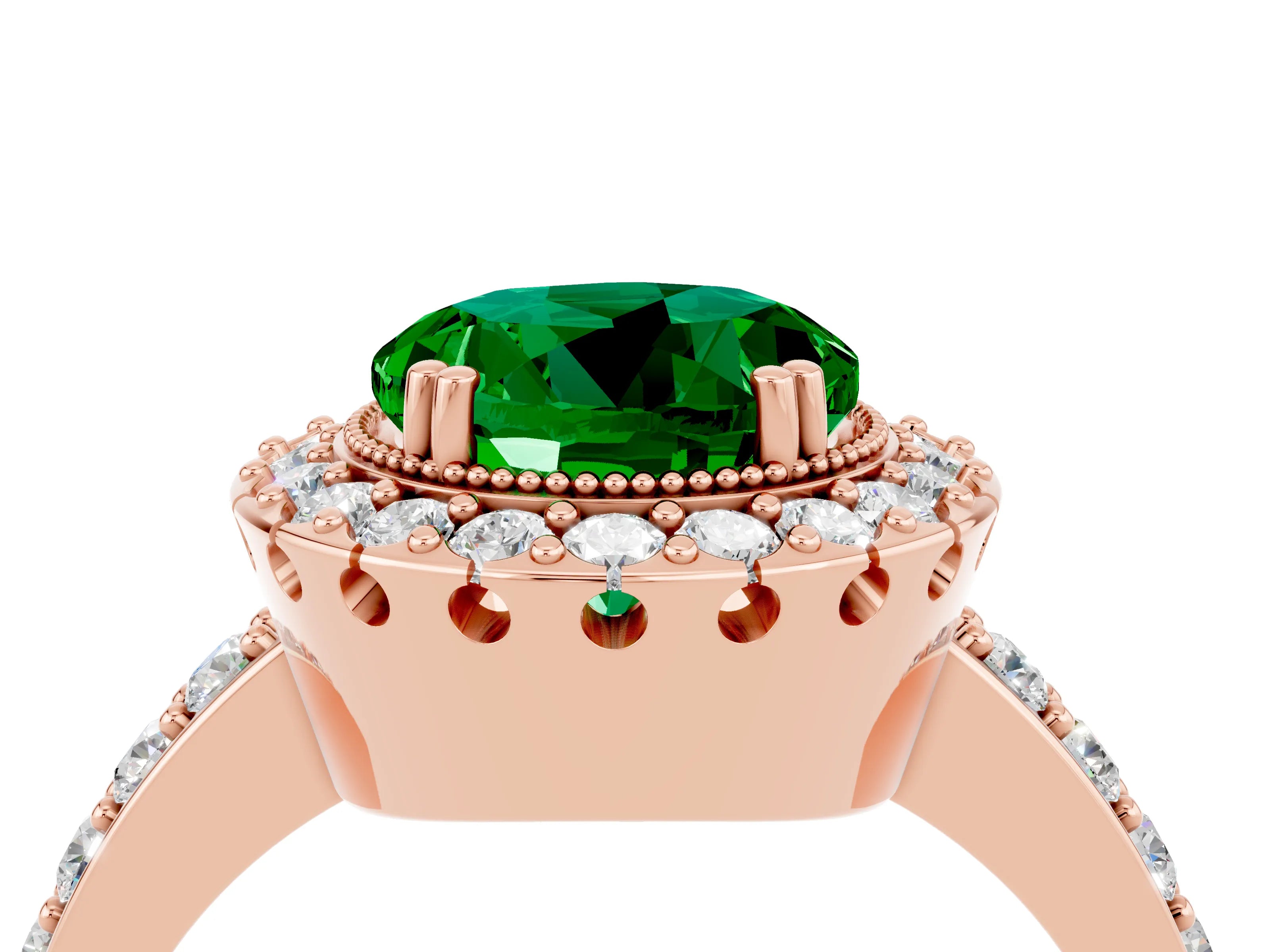 Rose gold Round Cut Emerald Halo Ring with Pavé Band and Prong Setting_4