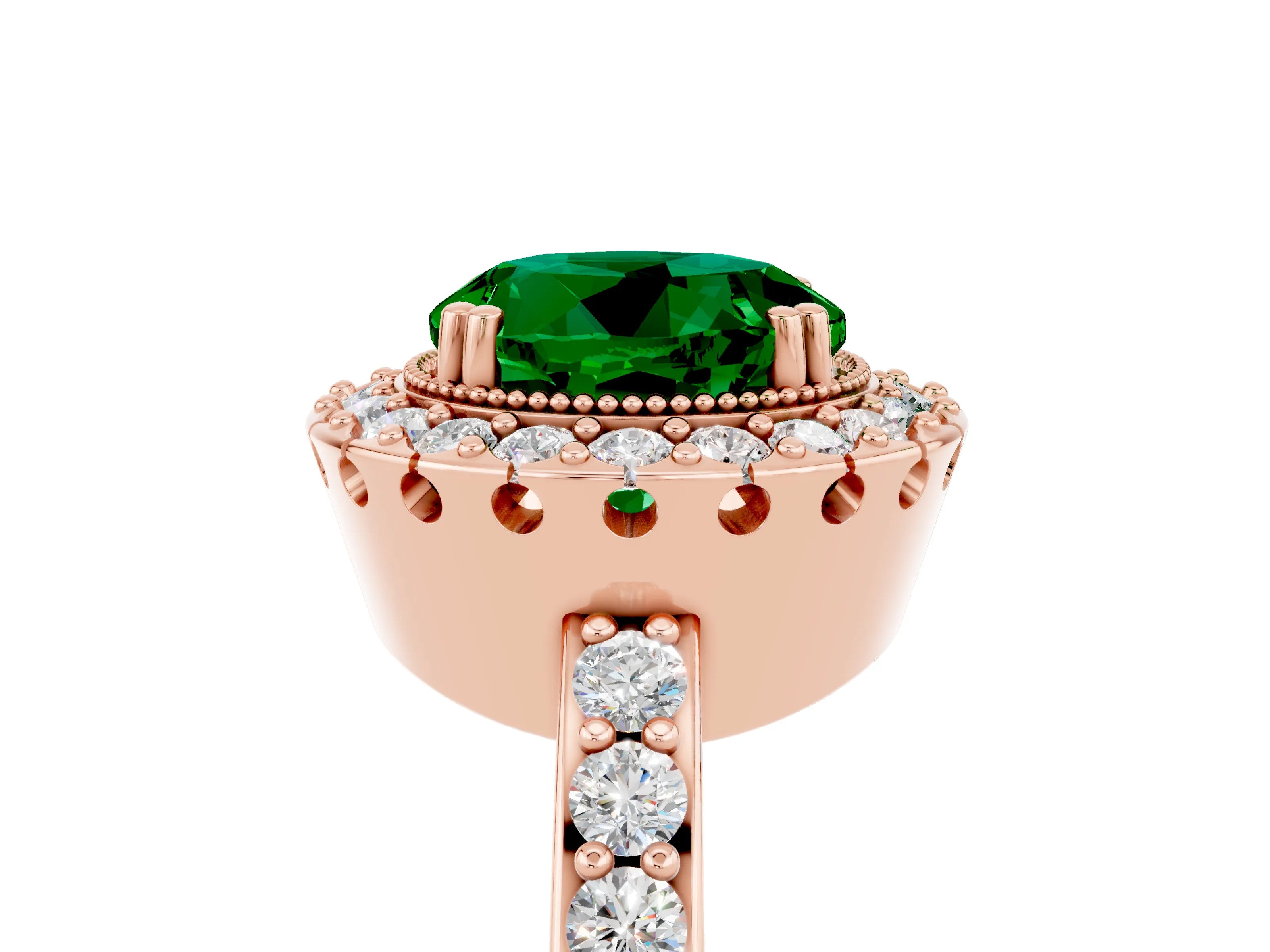 Rose gold Round Cut Emerald Halo Ring with Pavé Band and Prong Setting_5