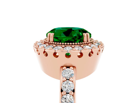 Rose gold Round Cut Emerald Halo Ring with Pavé Band and Prong Setting_5