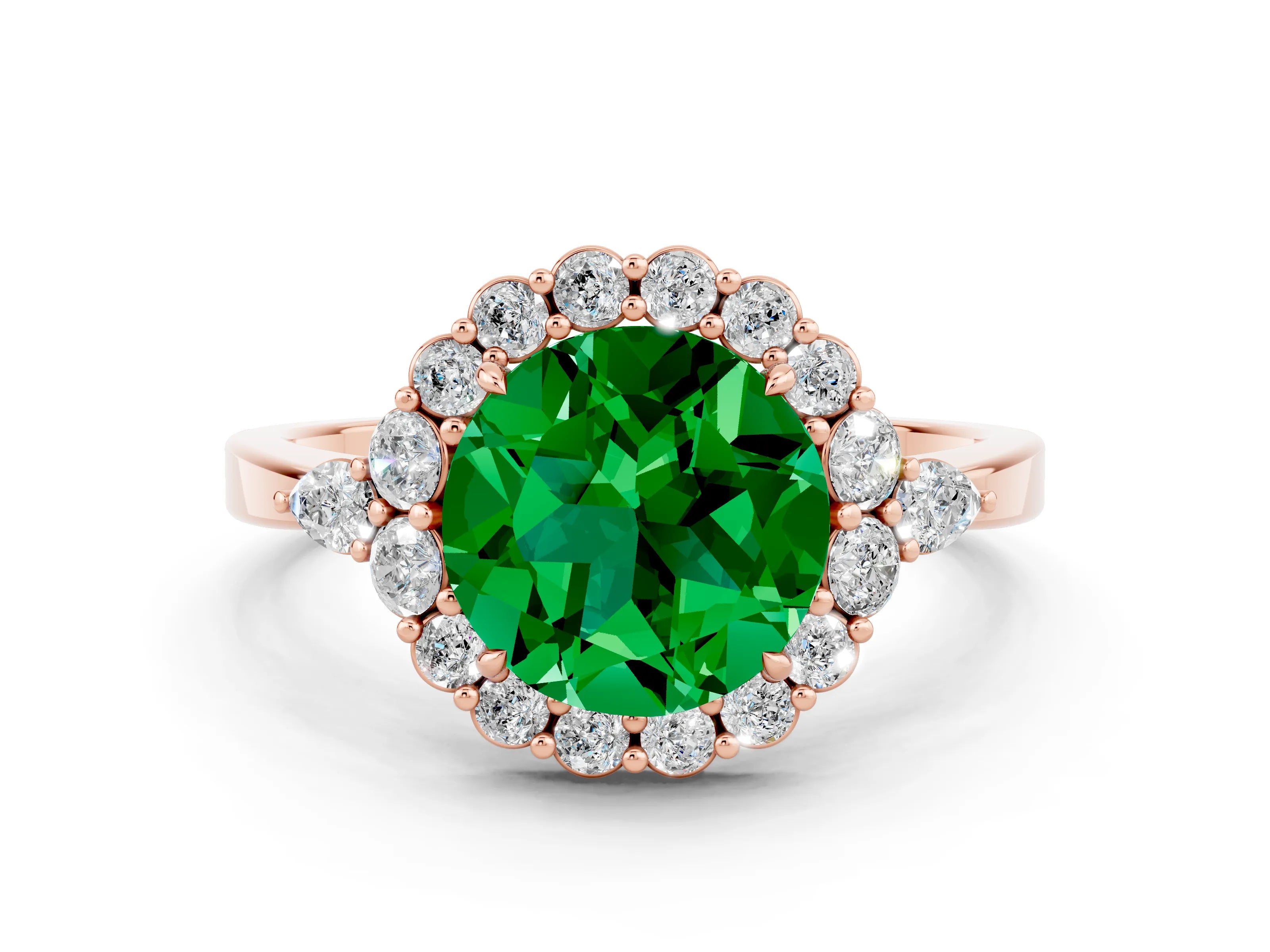 Rose gold Round Cut Emerald Halo Ring with Pear Side Stones and Prong Setting_12