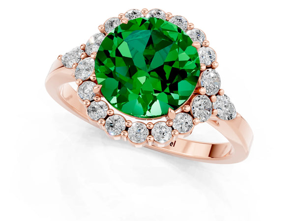 Rose gold Round Cut Emerald Halo Ring with Pear Side Stones and Prong Setting