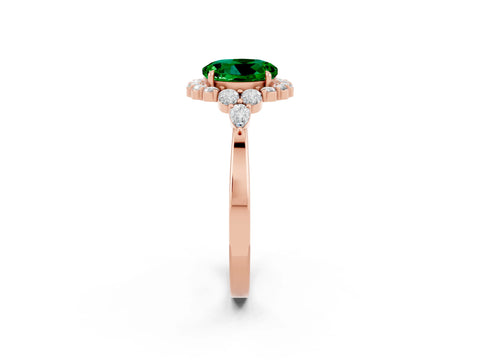 Rose gold Round Cut Emerald Halo Ring with Pear Side Stones and Prong Setting_14