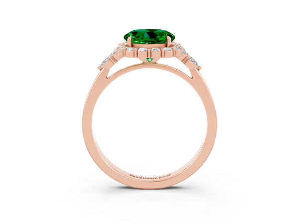 Rose gold Round Cut Emerald Halo Ring with Pear Side Stones and Prong Setting