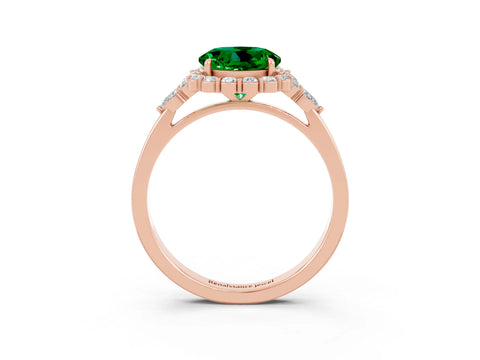 Rose gold Round Cut Emerald Halo Ring with Pear Side Stones and Prong Setting_15