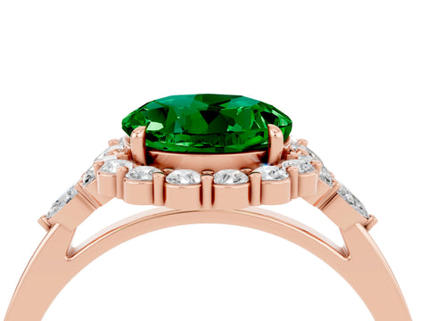 Rose gold Round Cut Emerald Halo Ring with Pear Side Stones and Prong Setting_16