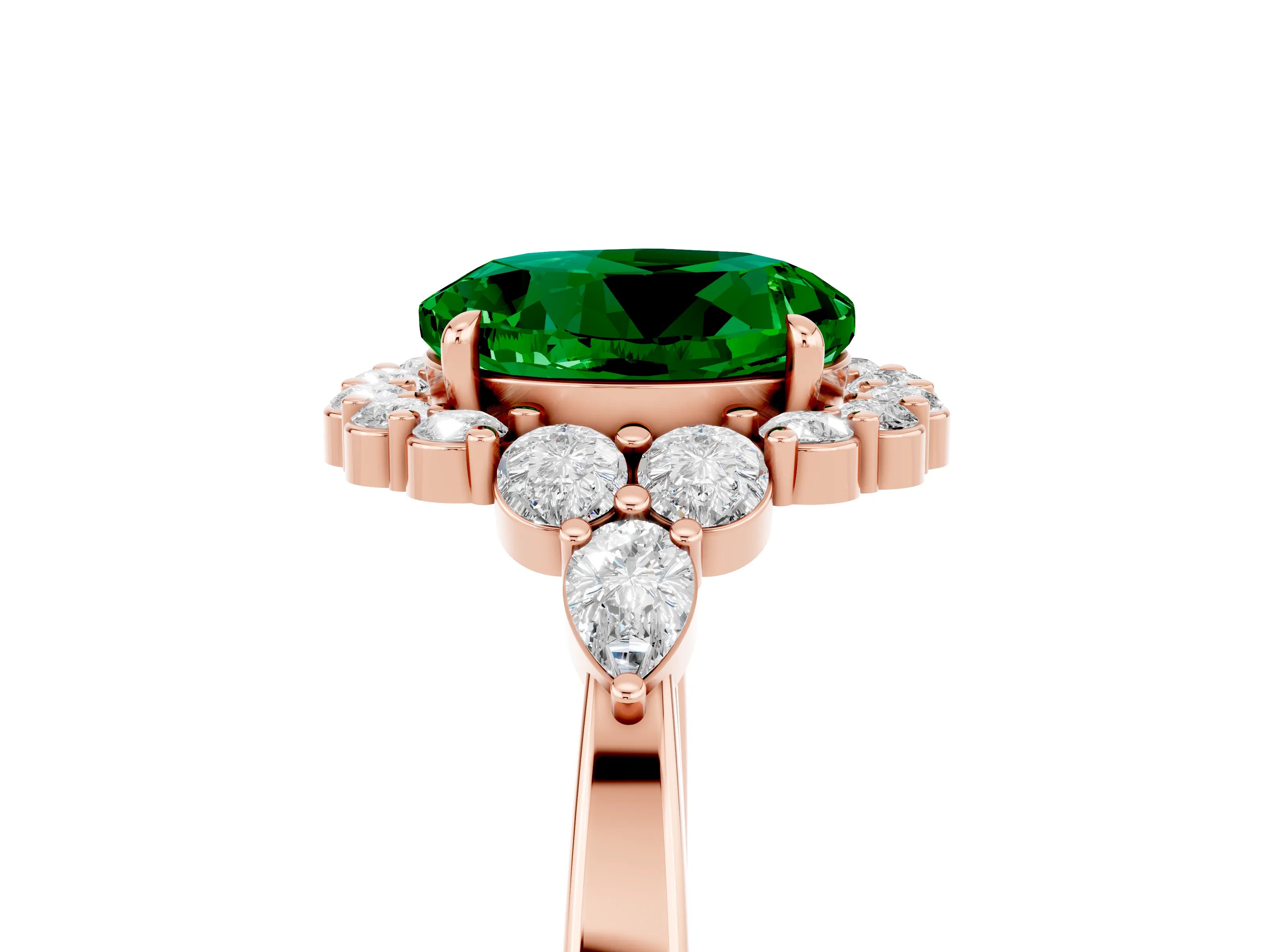 Rose gold Round Cut Emerald Halo Ring with Pear Side Stones and Prong Setting_17