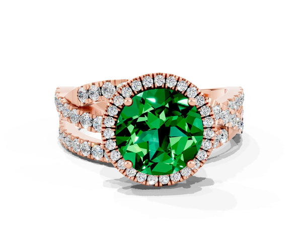 Rose gold Round Cut Emerald Halo Ring with Round Split Shank and Prong Setting