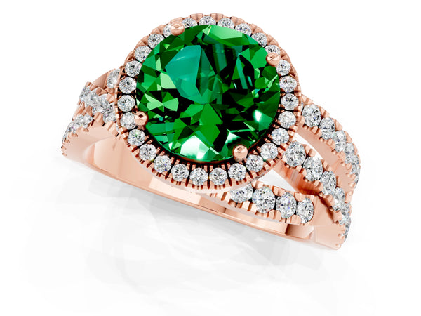 Rose gold Round Cut Emerald Halo Ring with Round Split Shank and Prong Setting