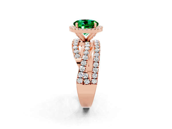 Rose gold Round Cut Emerald Halo Ring with Round Split Shank and Prong Setting