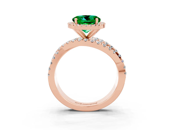Rose gold Round Cut Emerald Halo Ring with Round Split Shank and Prong Setting