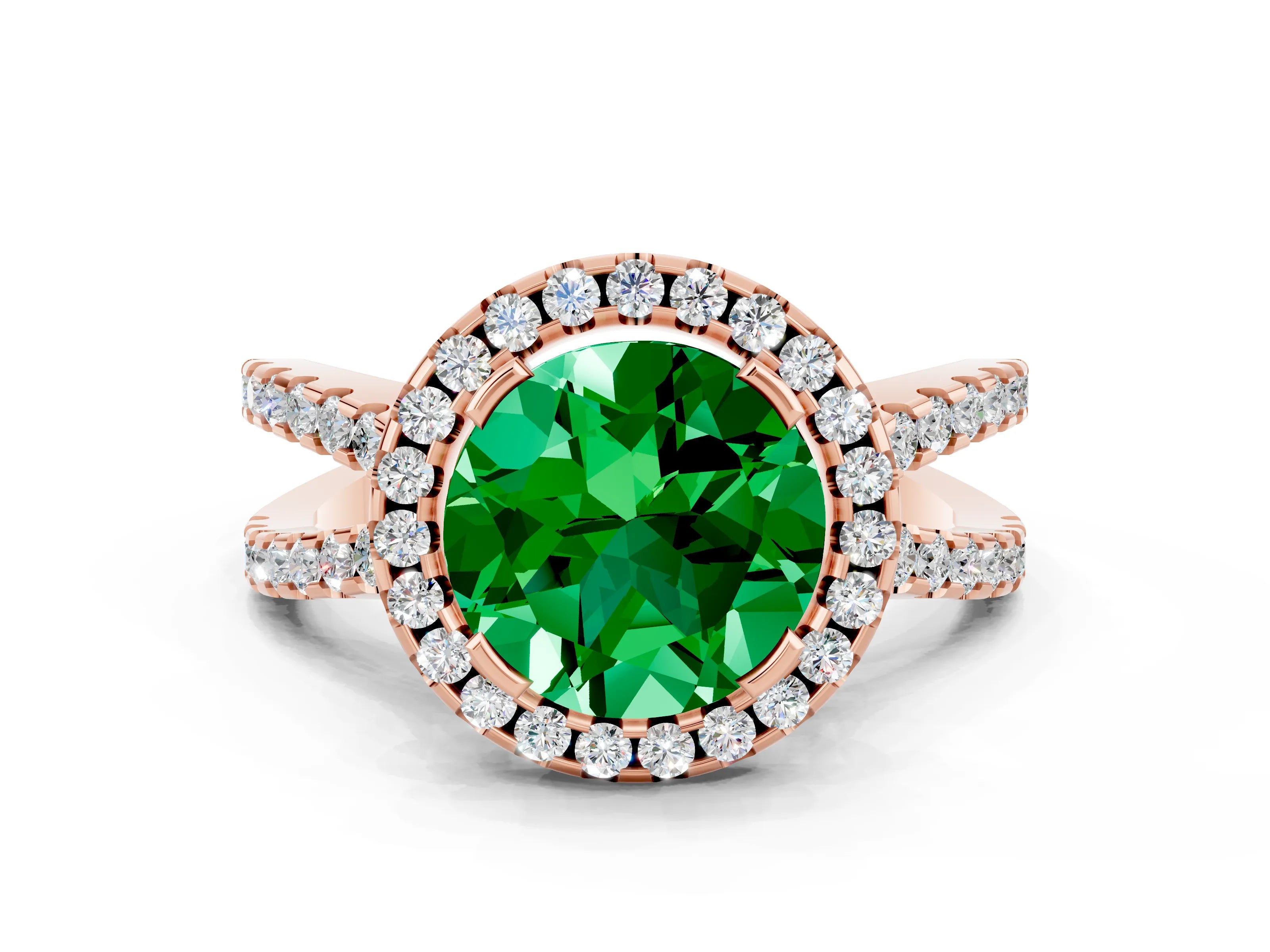 Rose gold Round Cut Emerald Halo Ring with Split Shank Pavé Band and Prong Setting