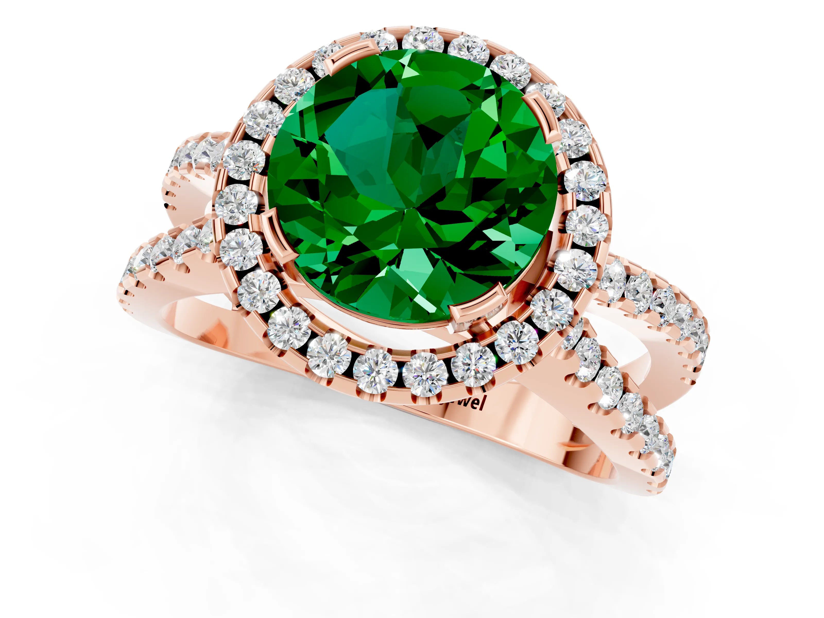 Rose gold Round Cut Emerald Halo Ring with Split Shank Pavé Band and Prong Setting_1