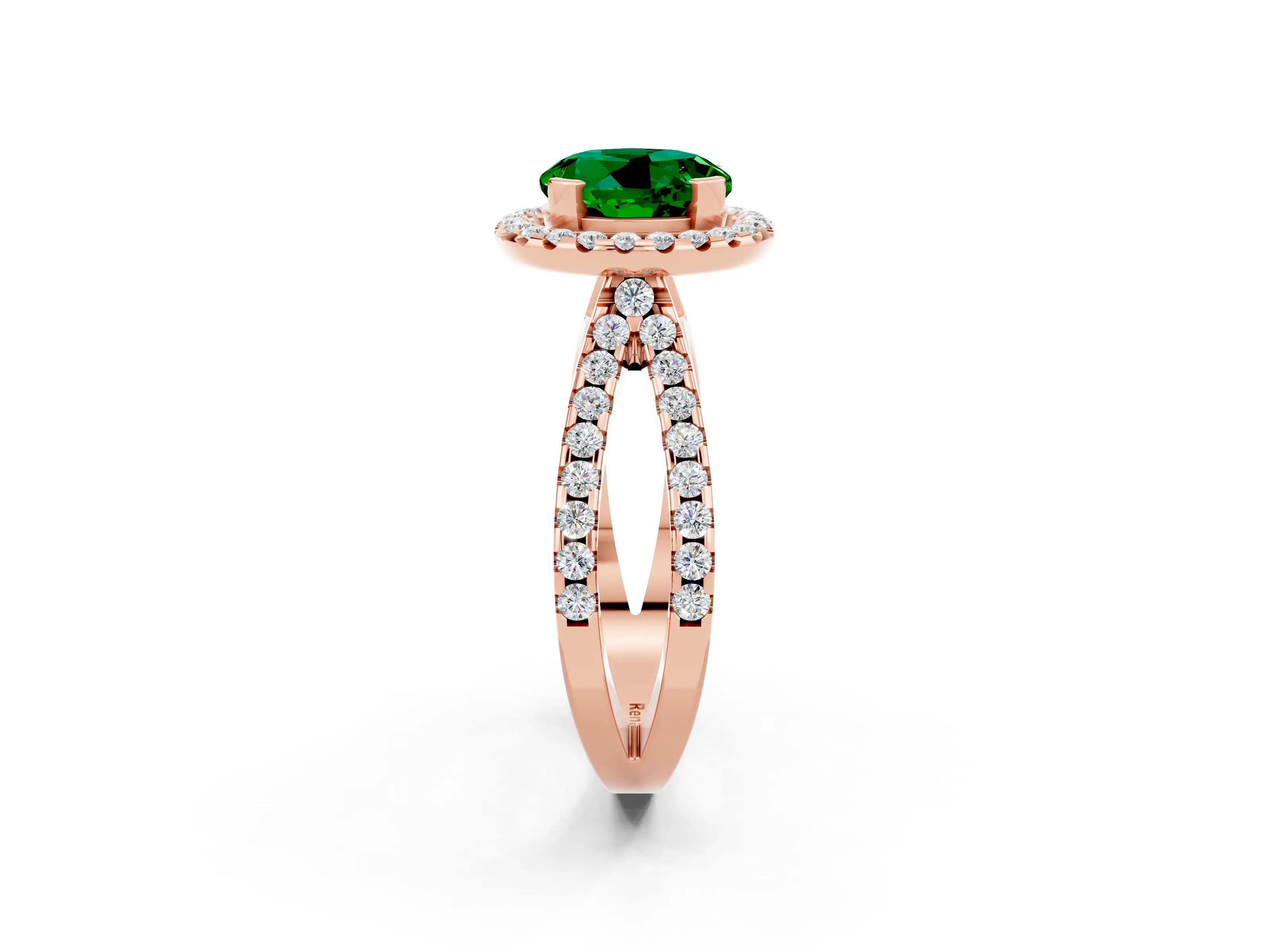 Rose gold Round Cut Emerald Halo Ring with Split Shank Pavé Band and Prong Setting_2