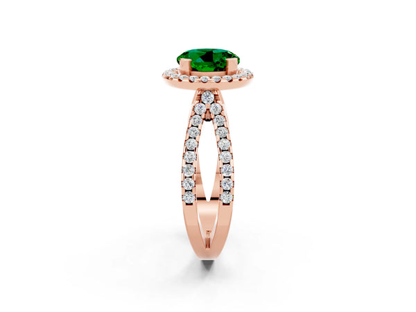 Rose gold Round Cut Emerald Halo Ring with Split Shank Pavé Band and Prong Setting