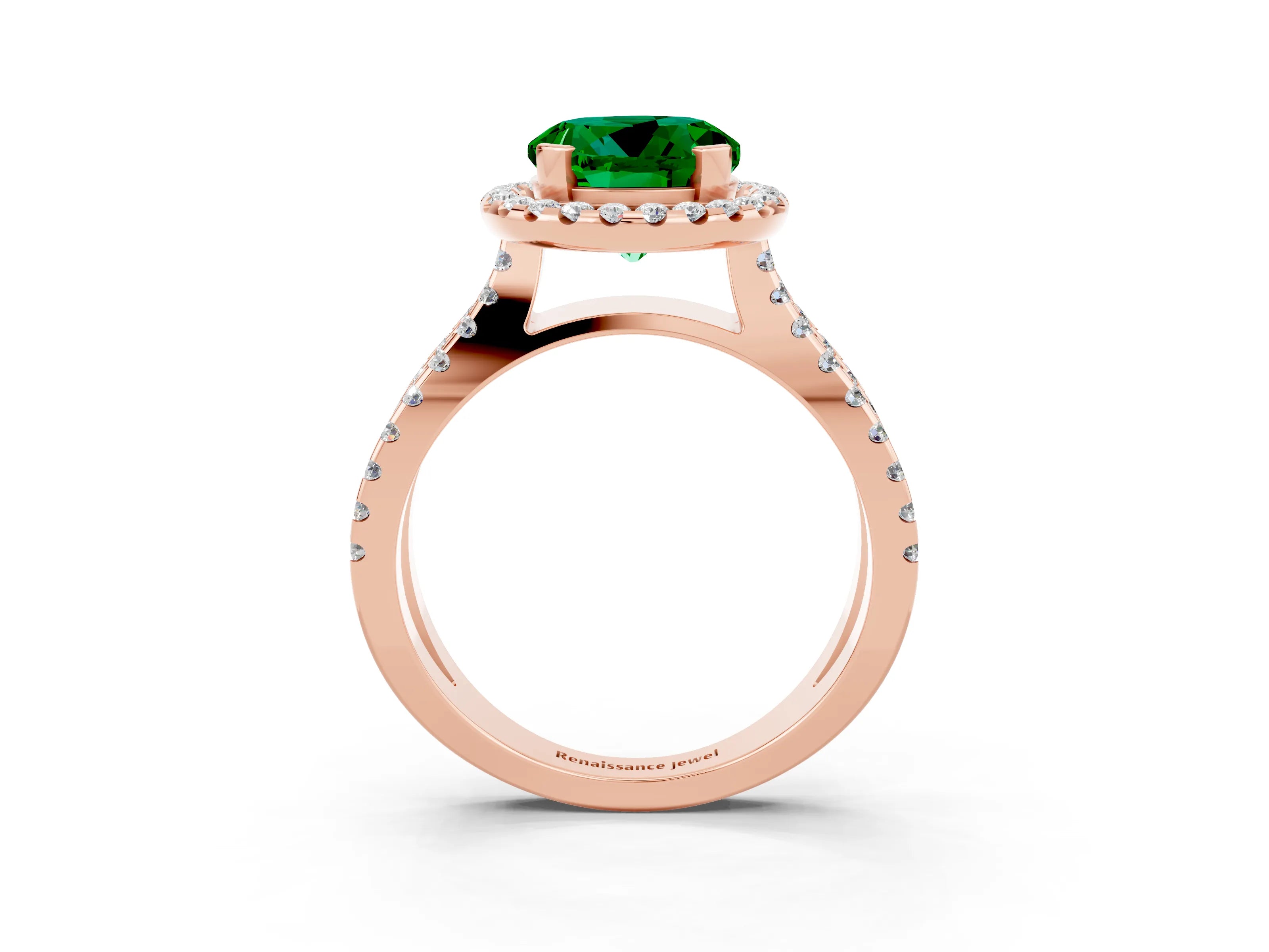 Rose gold Round Cut Emerald Halo Ring with Split Shank Pavé Band and Prong Setting_3