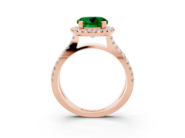 Rose gold Round Cut Emerald Halo Ring with Split Shank Pavé Band and Prong Setting