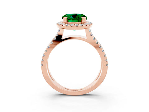 Rose gold Round Cut Emerald Halo Ring with Split Shank Pavé Band and Prong Setting_3